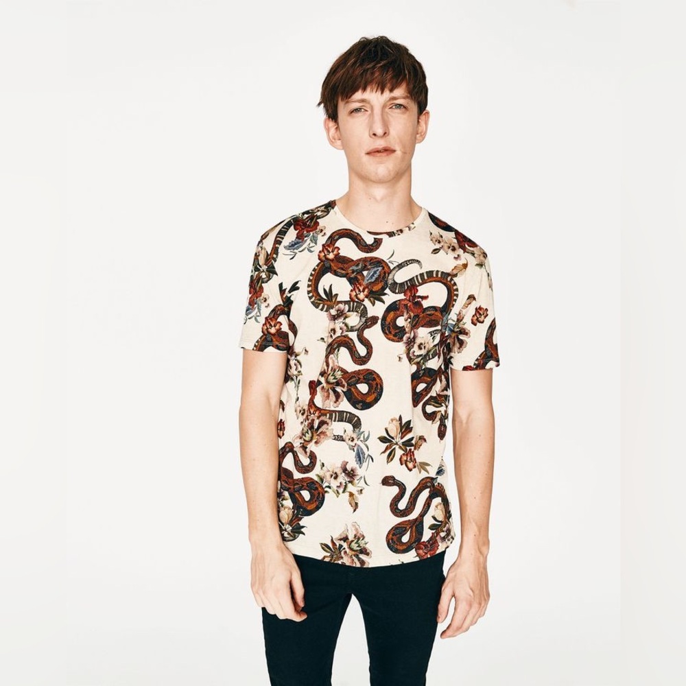 Zara 18” PTP Men's Cotton Snake Print Shirt, Cream and Multicolour, Size Medium.